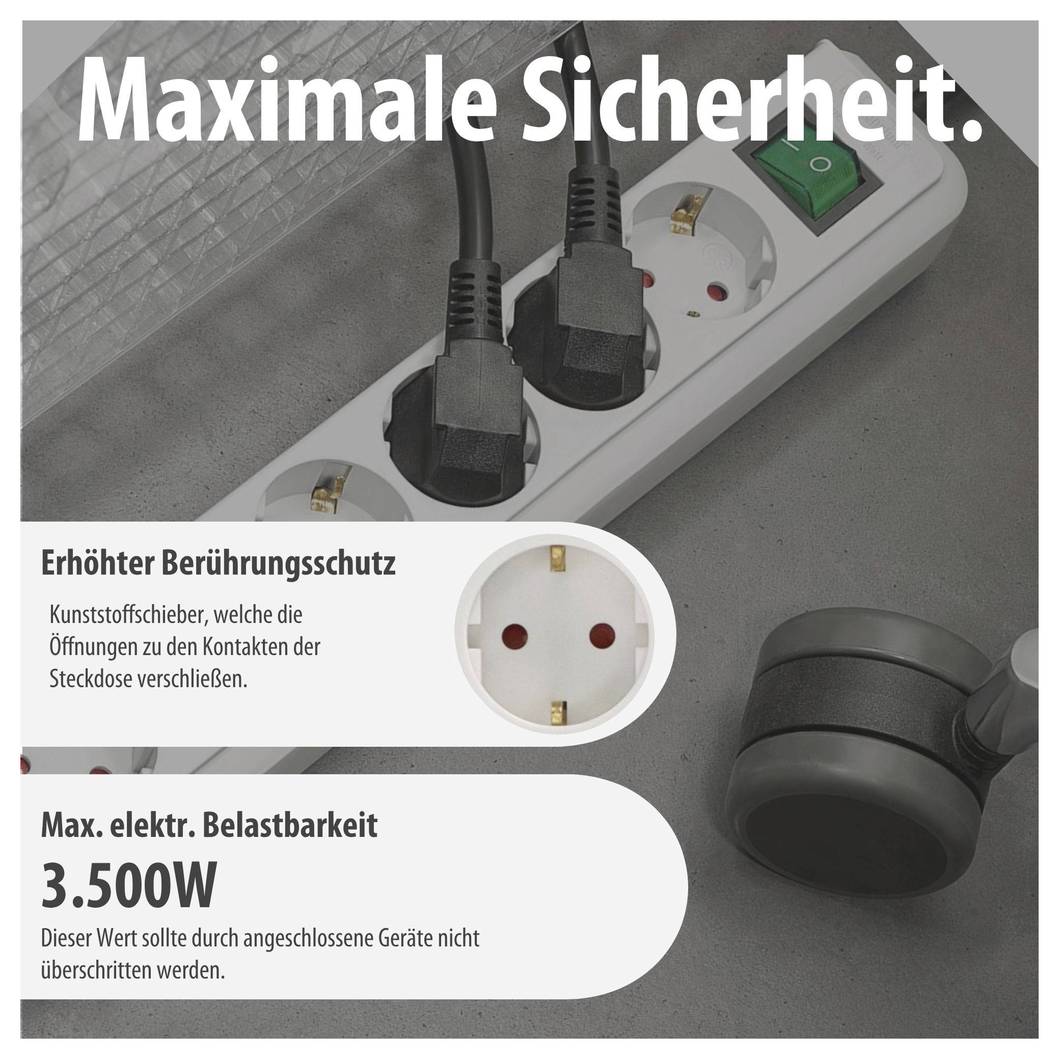 Werbung für Steckdosenleiste mit 'Maximale Sicherheit': Kinderschutz, Öffnungen verschließende Kunststoffschieber und maximale elektrische Belastbarkeit von 3.500 W.