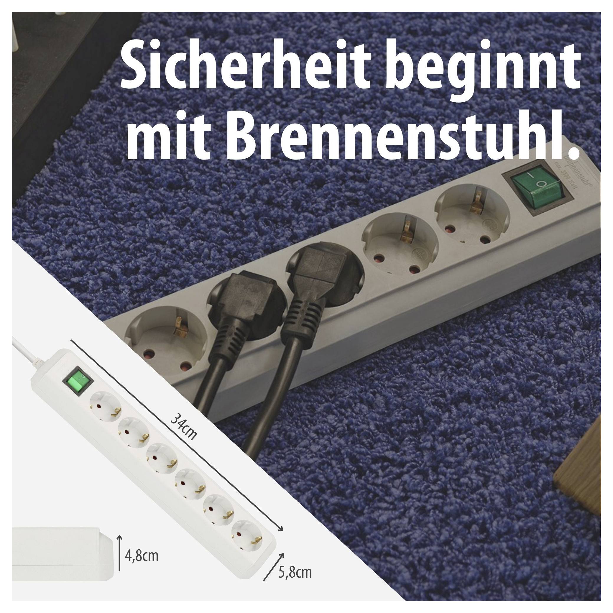 Brennstuhl-Steckdosenleiste mit Schaltern; Text 'Sicherheit beginnt mit Brennstuhl.' und Maßangaben 34 cm, 4,8 cm, 5,8 cm.
