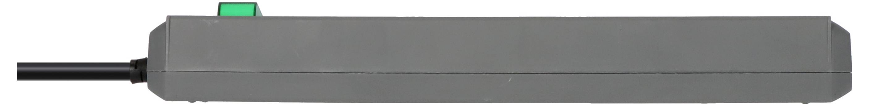 Rechteckige graue Elektrokomponente mit schwarzem Kabel auf der linken Seite und einem kleinen grünen Schalter/Reiter oben.