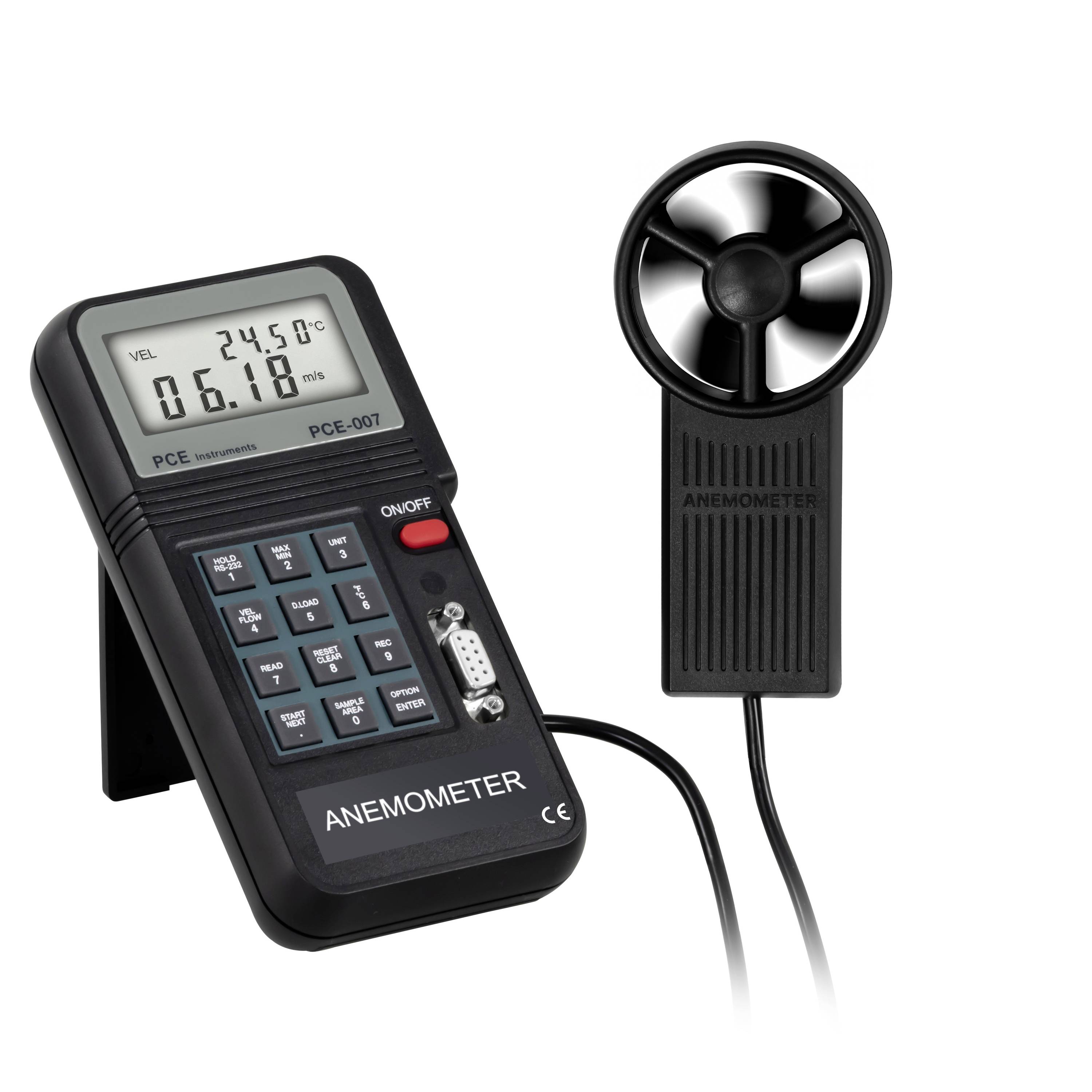 Tragbares digitales Anemometer mit tragbarem Display und separatem Windmesser, zeigt Windgeschwindigkeitsanzeige und Temperatur auf dem Bildschirm an.
