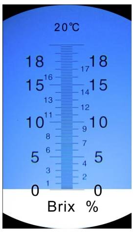 Brix-Refraktometerskala bei 20°C mit einer Anzeige von etwa 0 Brix-Prozent.