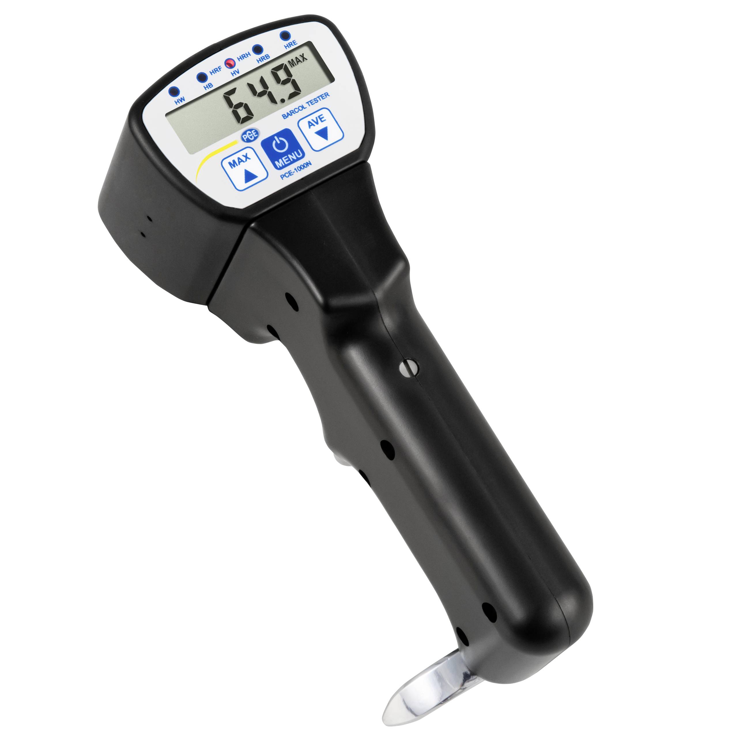 Tragbares digitales Messinstrument mit LCD-Anzeige, die 6.49 und MAX anzeigt, auf weißem Hintergrund dargestellt.