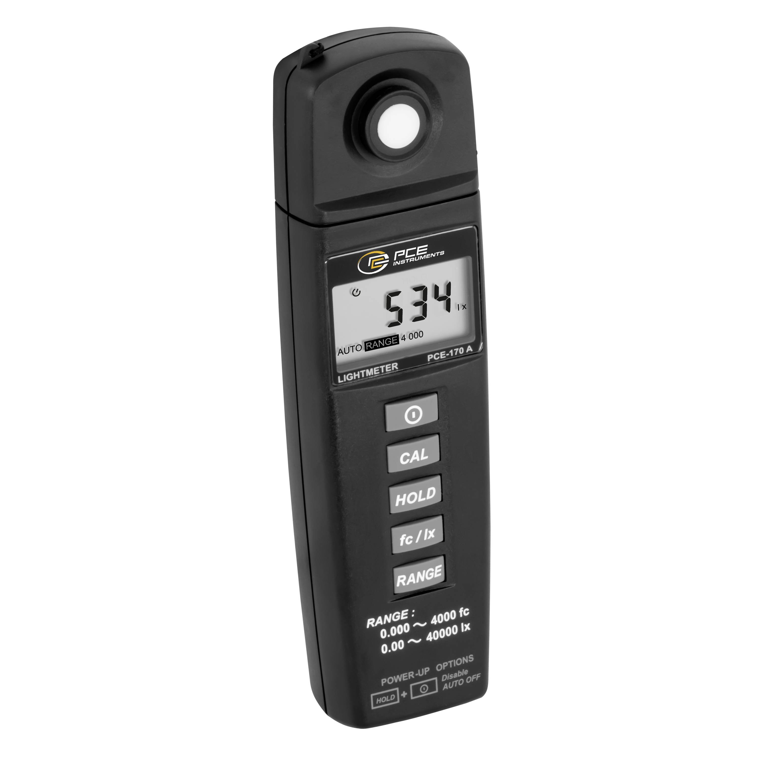 Tragbares digitales Luxmeter mit einer Anzeige von 534 Lux, mit Tasten für Stromversorgung, Kalibrierung, Hold, Einheiten und Bereich.