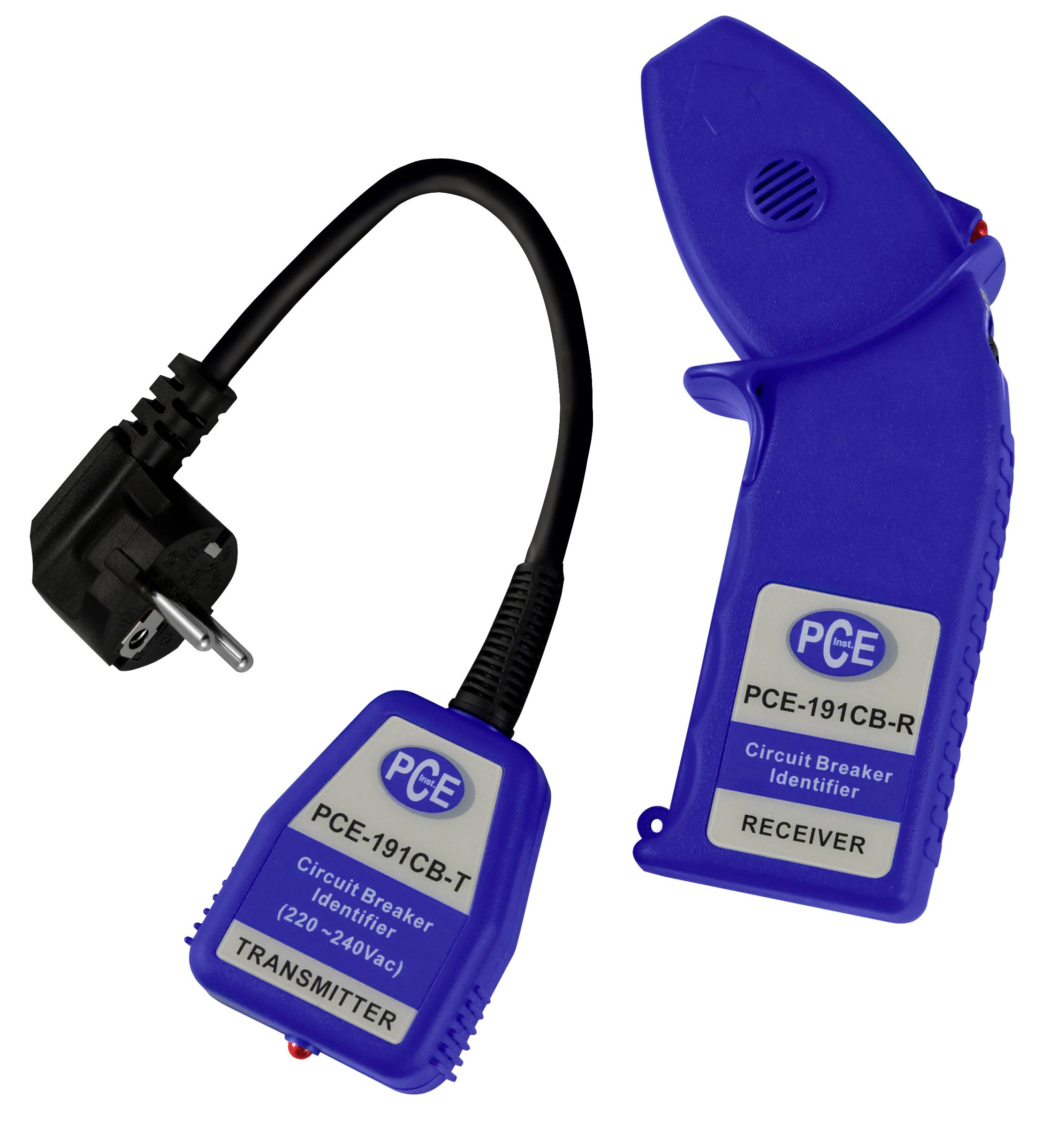 Blaues PCE-Leistungsschalter-Erkennungsset mit Sender, Empfänger und Steckerkabeladapter auf weißem Hintergrund.