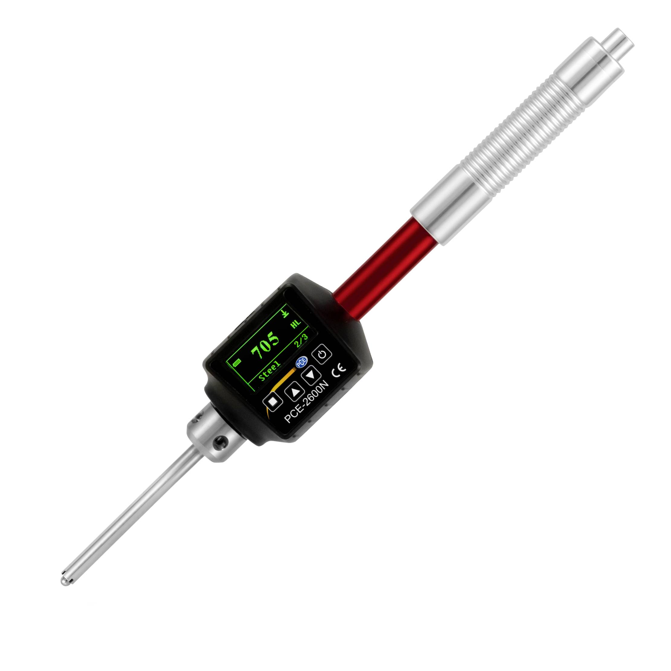 Digitale Messsonde mit schwarzem Display, das 70,5 anzeigt, rotem und silbernem Gehäuse und langer Metallsensorspitze auf weißem Hintergrund.