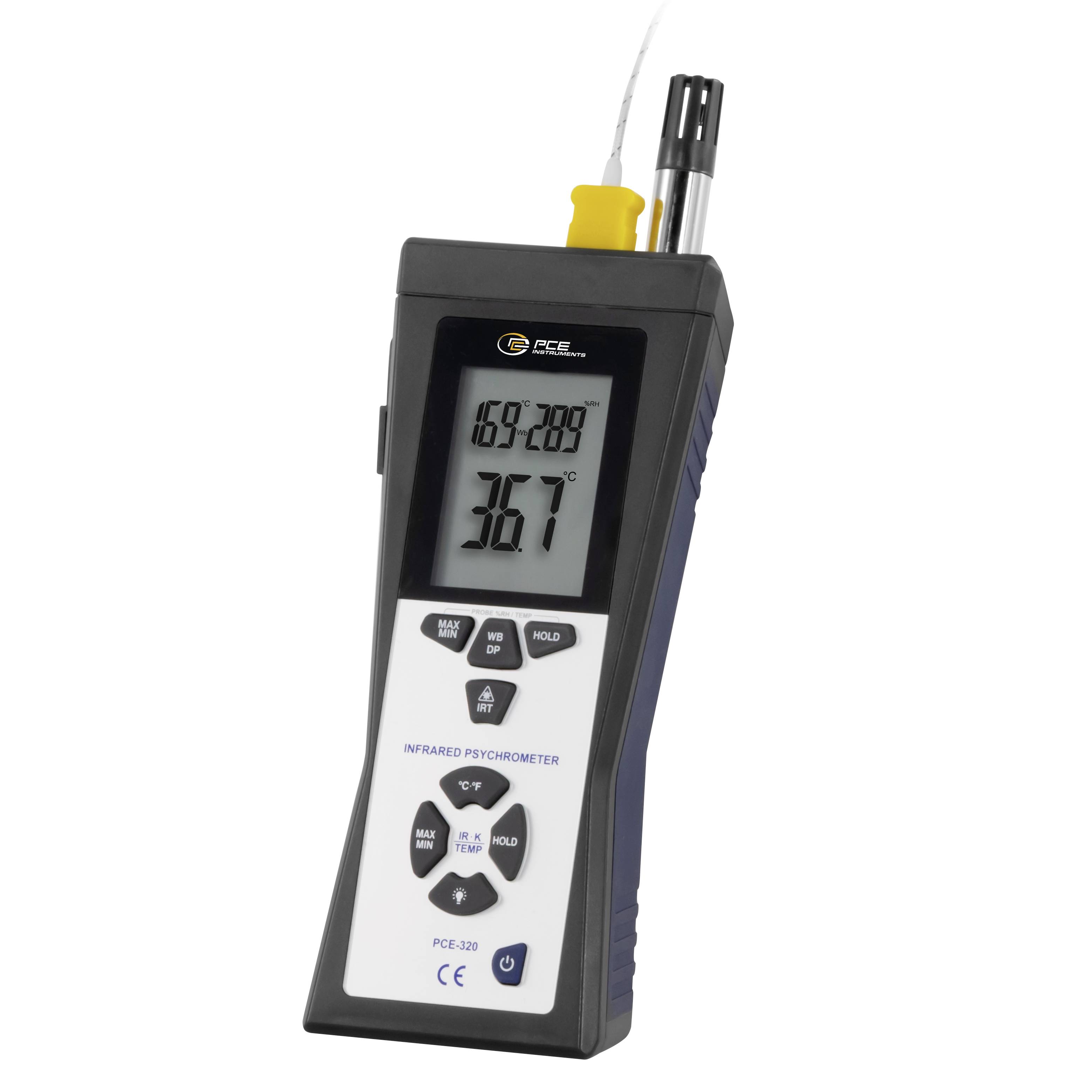 Tragbares Infrarot-Psychrometer mit digitaler Anzeige, die 36,7 zeigt, und einer Sonde an der Oberseite.