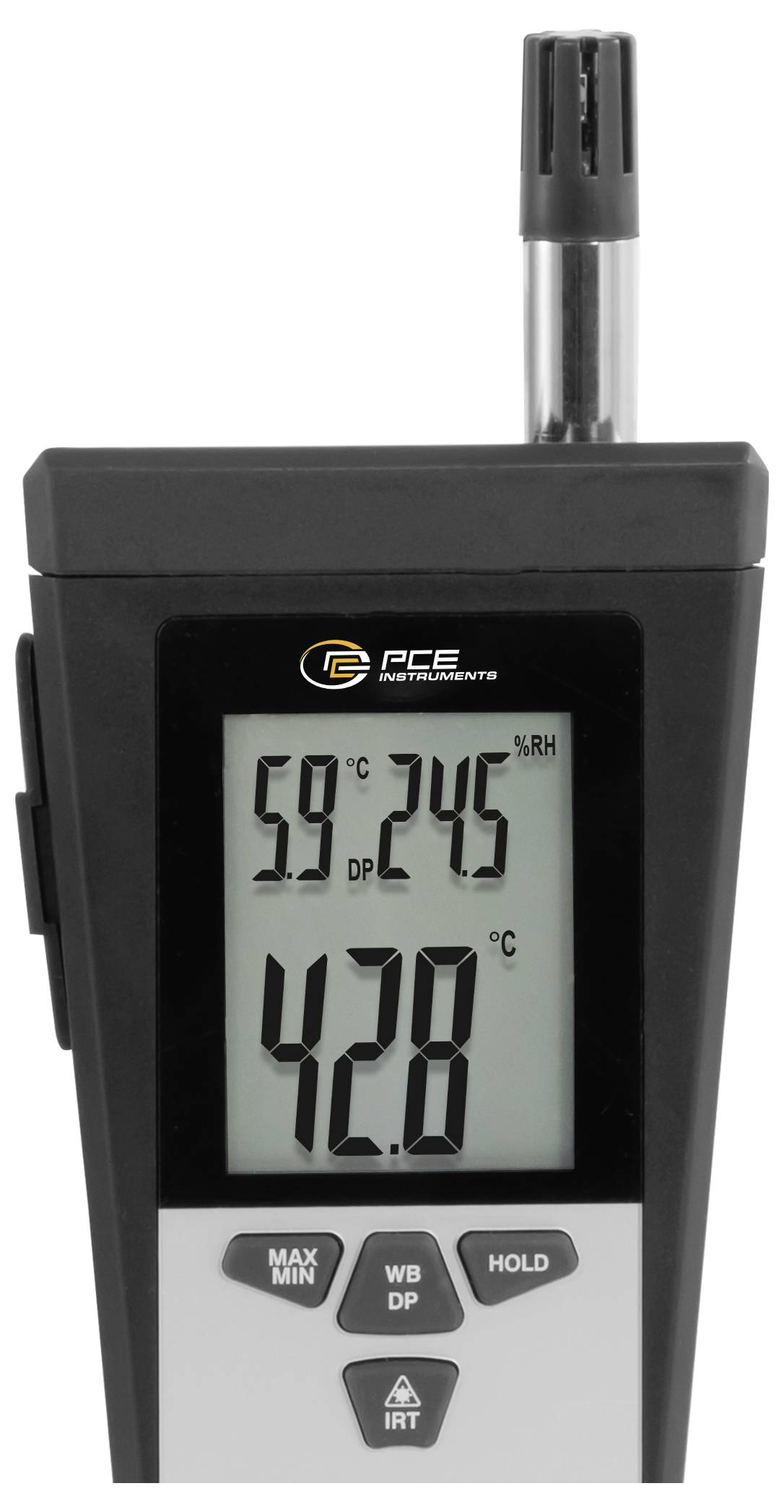 Digitales Luftfeuchte- und Thermometer zeigt 59% RF, 24,5°C Taupunkt und 42,8°C Temperatur an.