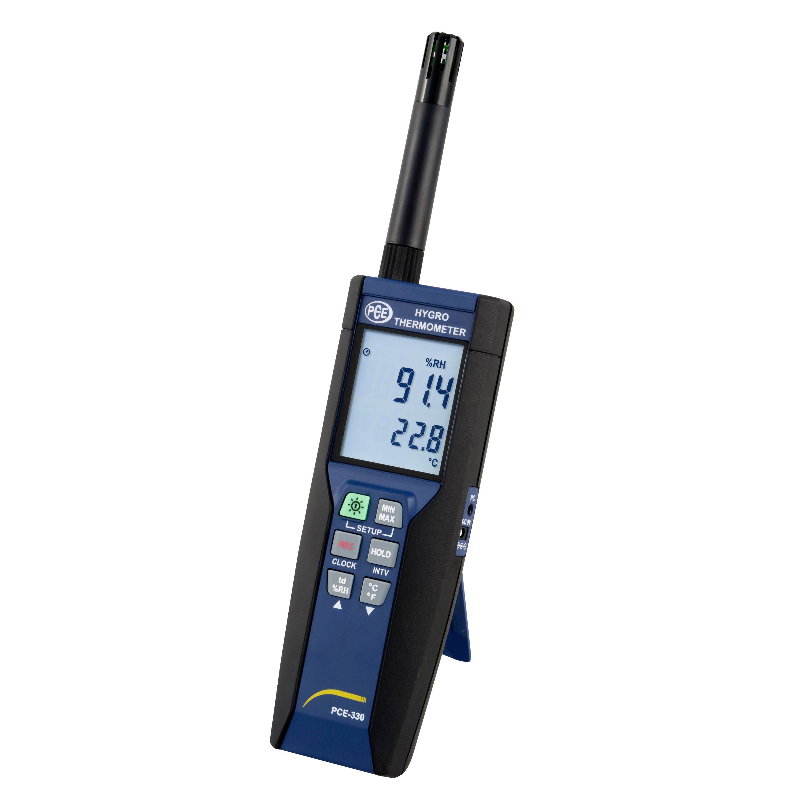 Tragbares digitales Hygrometer-Thermometer mit LCD-Display, das 91,4% relative Luftfeuchte und 22,8°C anzeigt.