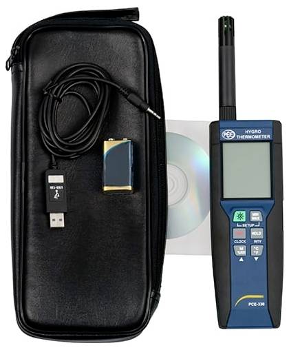 Tragbarer Hygrometer-Thermometer-Kit mit Tragekoffer, Sensor-Sonde, USB-Adapter, Batterie und CD neben einem tragbaren digitalen Messgerät.