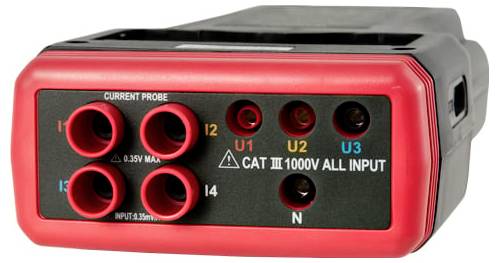 Frontplatte eines CAT III 1000V Elektroprüfgeräts mit beschrifteten Eingängen für Stromprobe, I1, I2, I4, U1, U2, U3 und N.