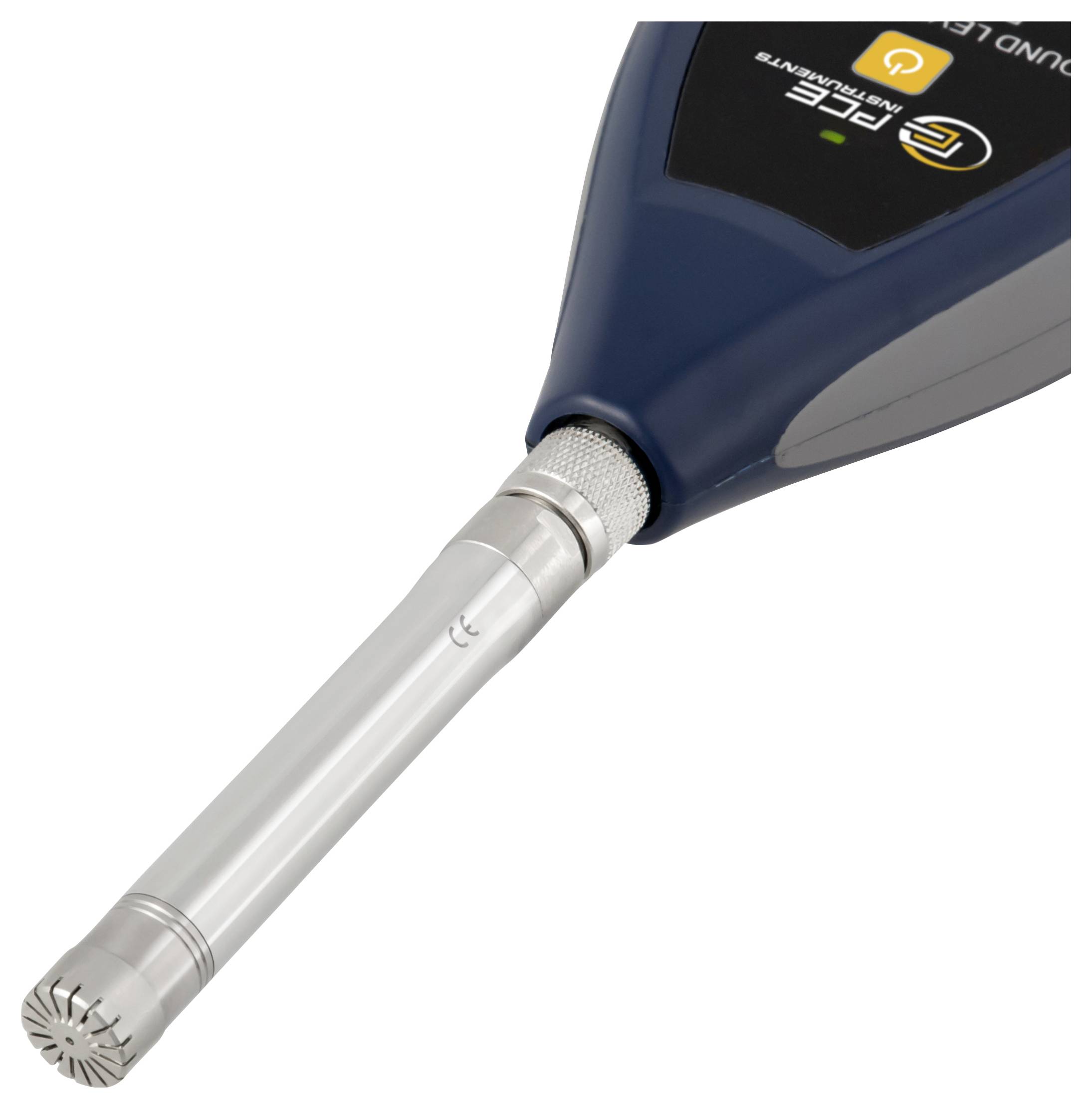 Nahaufnahme eines tragbaren elektronischen Geräts mit einer langen Metallsonde oder einem Stab, der sich von einem blauen Gehäuse auf weißem Hintergrund erstreckt.