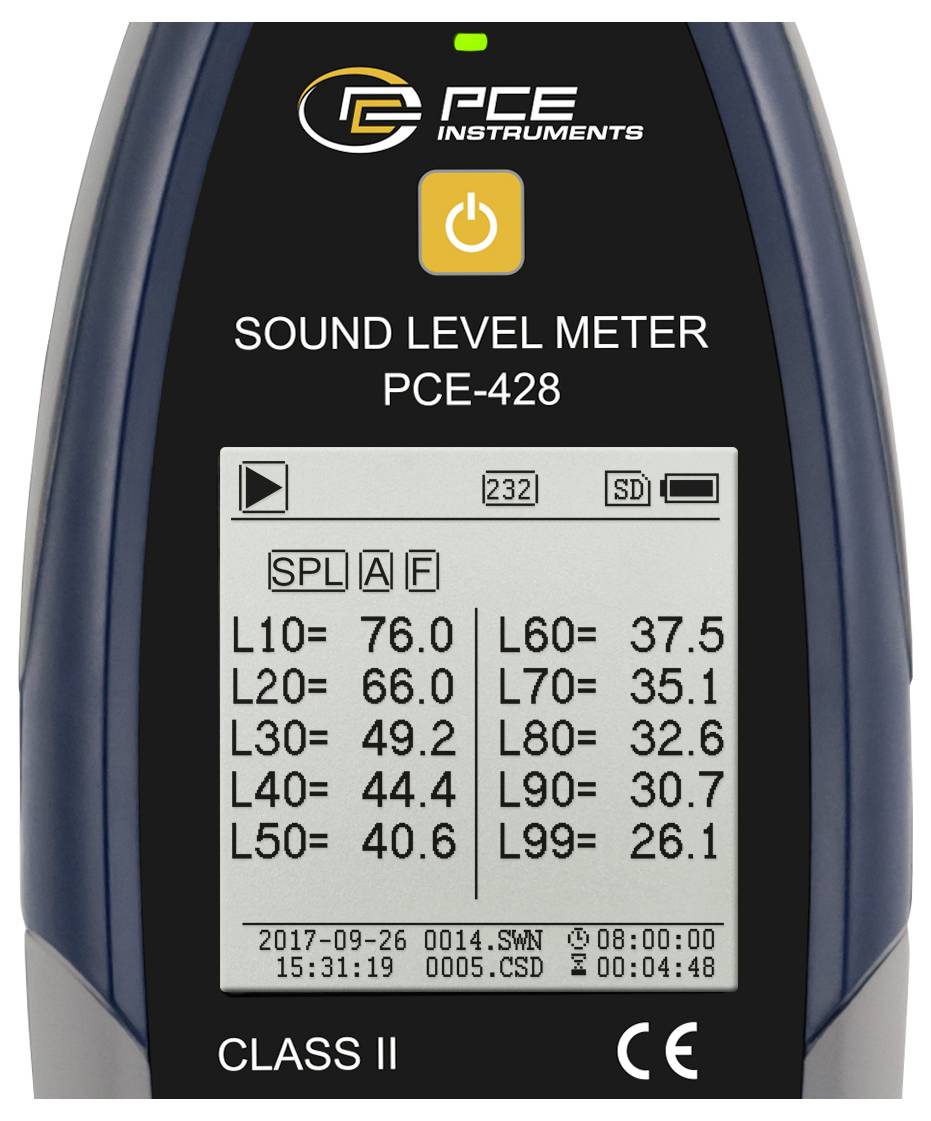 Tragbares PCE-Messinstrument Schallpegelmesser PCE-428 mit aktuellen SPL-Messwerten und Dezibelpegeln auf dem Display.