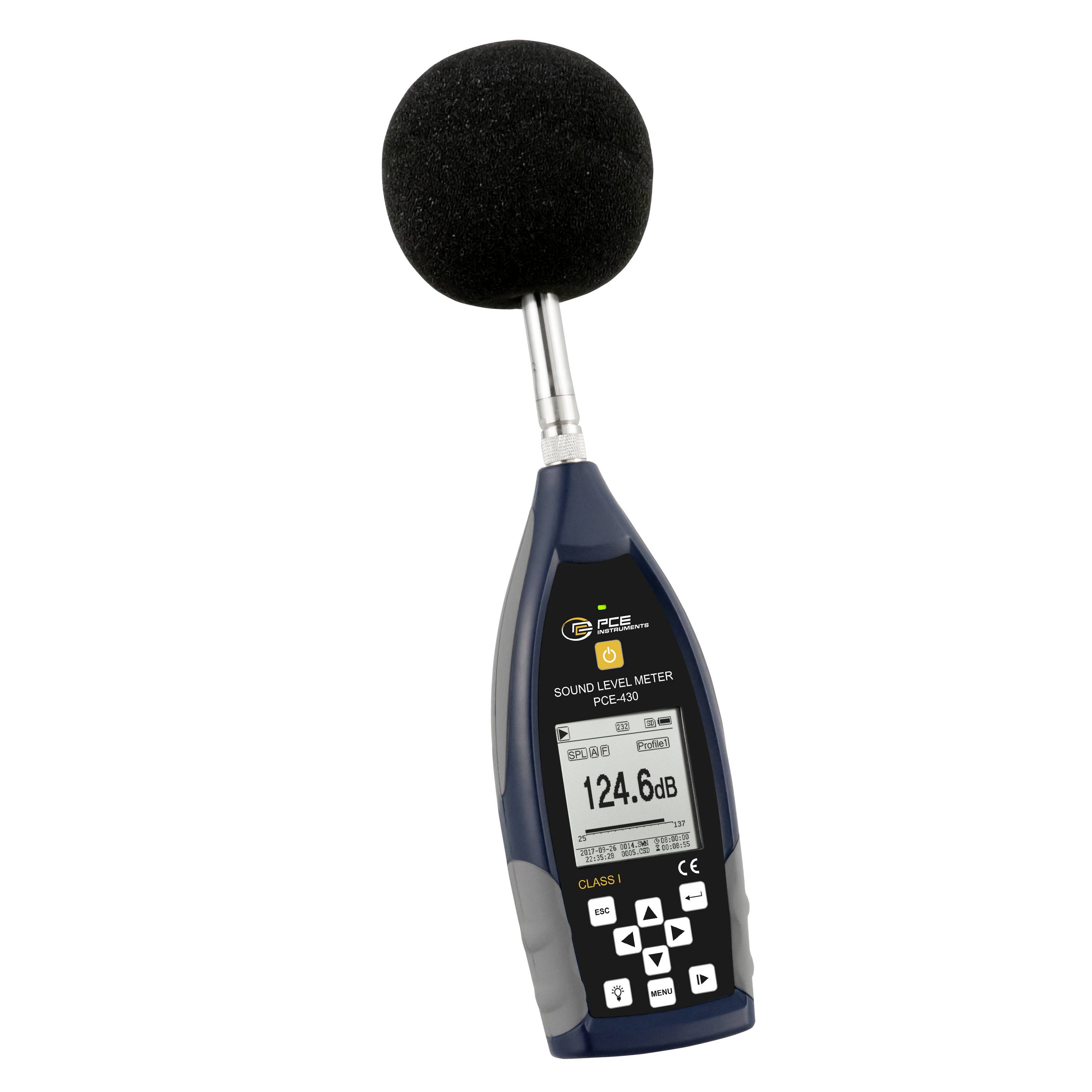 Tragbares Schallpegelmessgerät mit Schaumstoff-Windschutz-Mikrofon mit einer Anzeige von 124,6 dB.