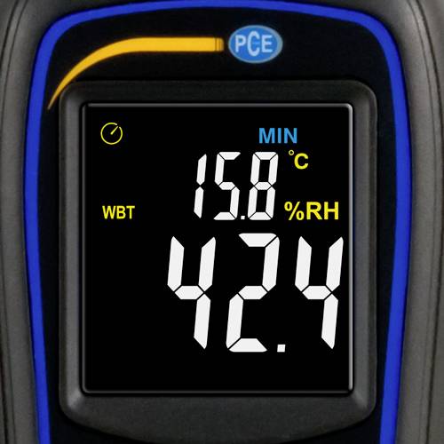Digitales Messgerät mit Anzeige: 15,8 MIN °C und 42,4 % RH.