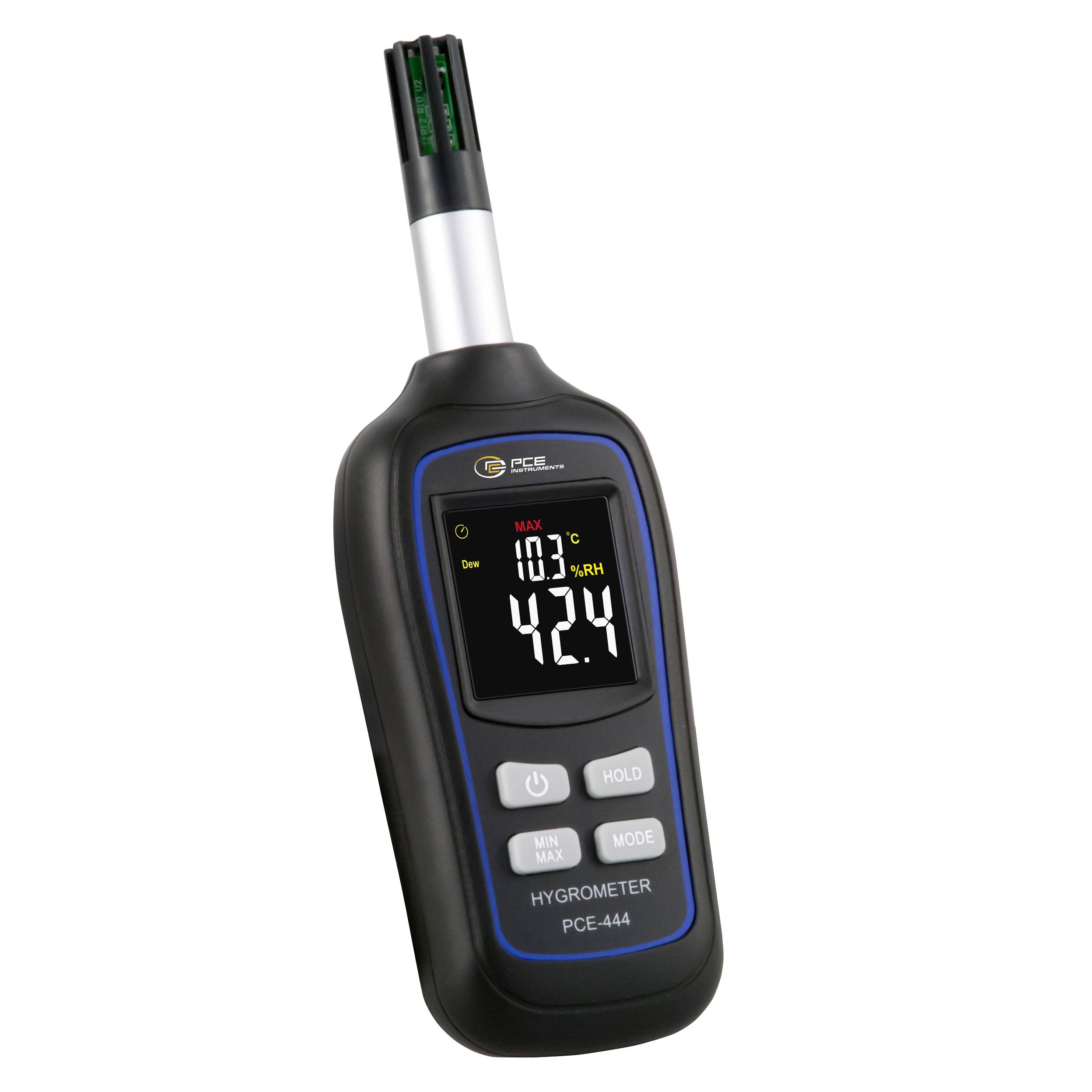 Tragbares digitales Hygrometer mit Anzeige von 103°C und 42,4% relative Luftfeuchte, mit Hold- und Mode-Tasten.