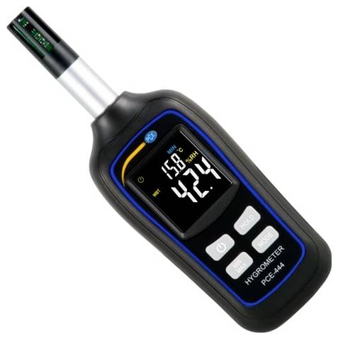 Tragbares digitales Hygrometer-Messgerät zeigt 15,8°C und 49,4% relative Luftfeuchte auf seinem Display an.