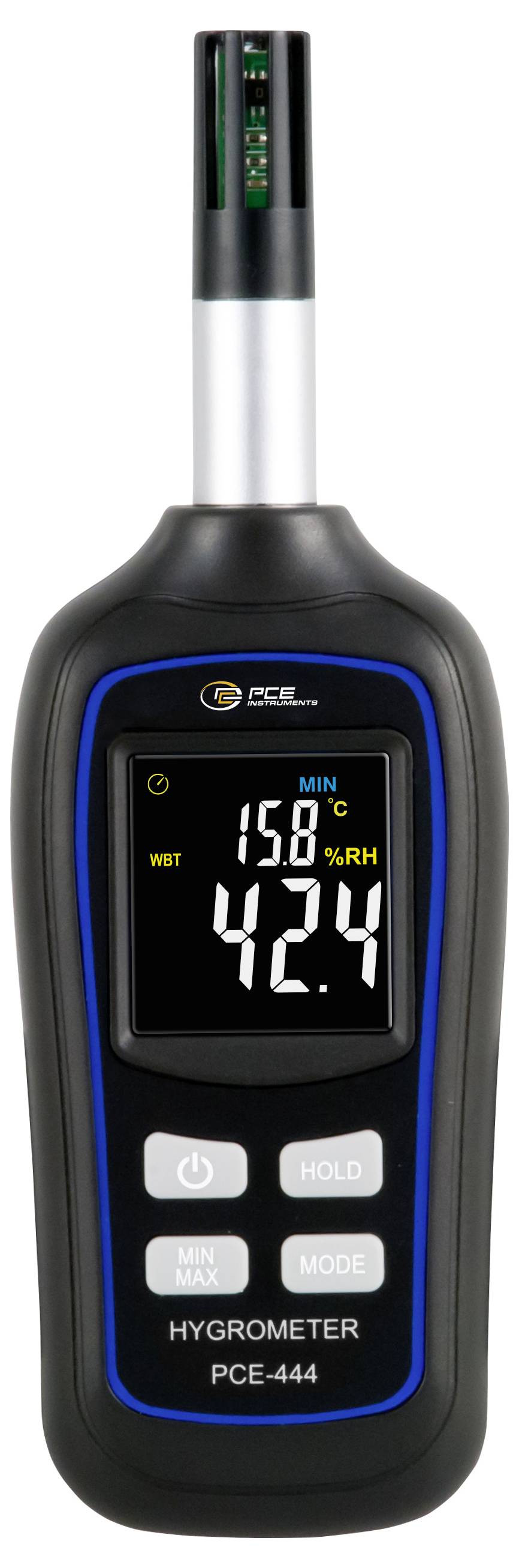 Digitales Hygrometer mit Anzeige von 42,4% relative Feuchte und 15,1°C, mit Min/Max- und Nass-/Trockenablesen auf dem Display.