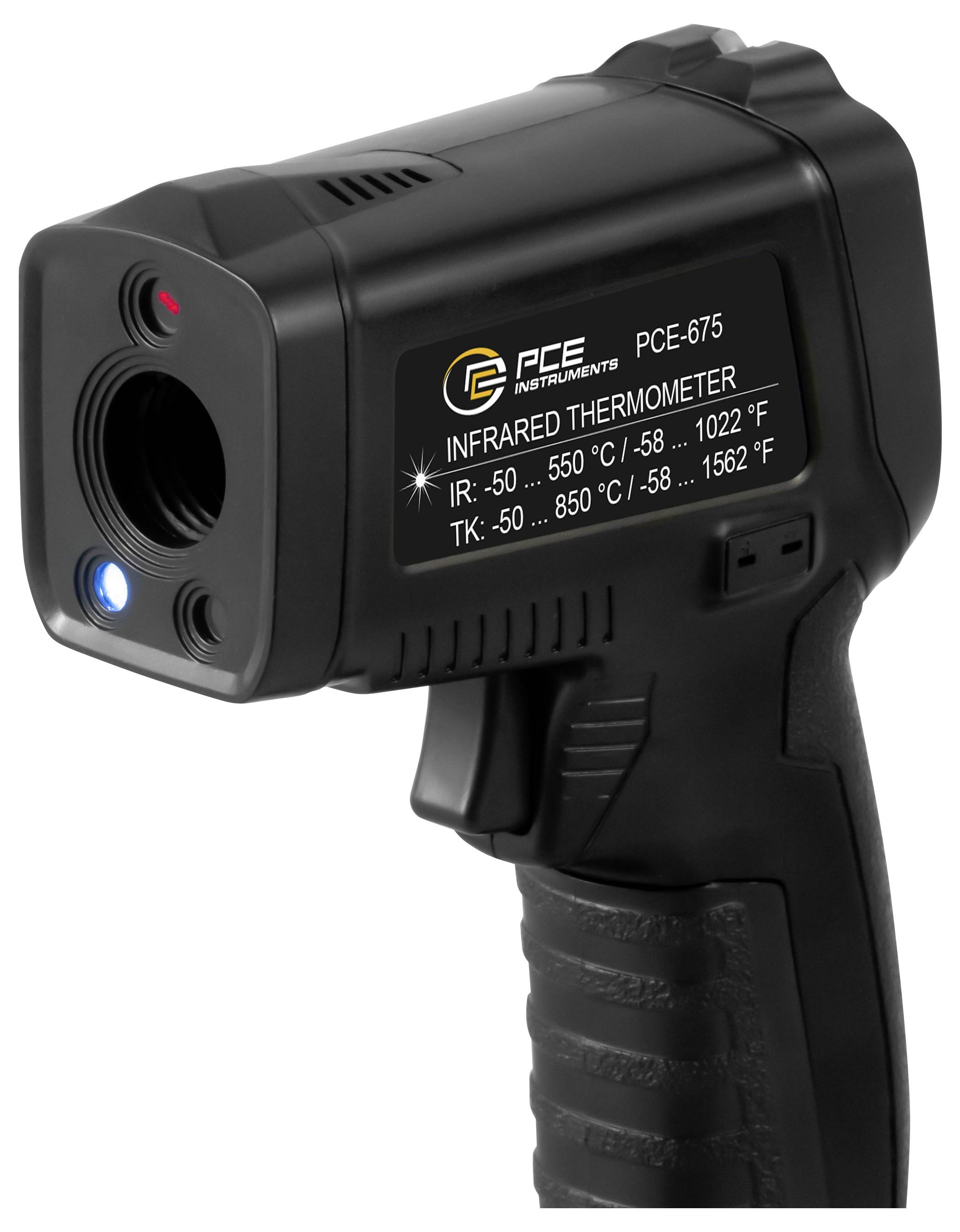 Schwarzes tragbares Infrarot-Thermometer-Pistolenmodell PCE-675 mit Linse und Abzuggriff auf weißem Hintergrund.