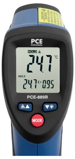 Tragbares PCE 889B-Infrarotthermometer zeigt 24,7°C an, mit MAX 24,7°C und ε 0,95 auf dem Display.