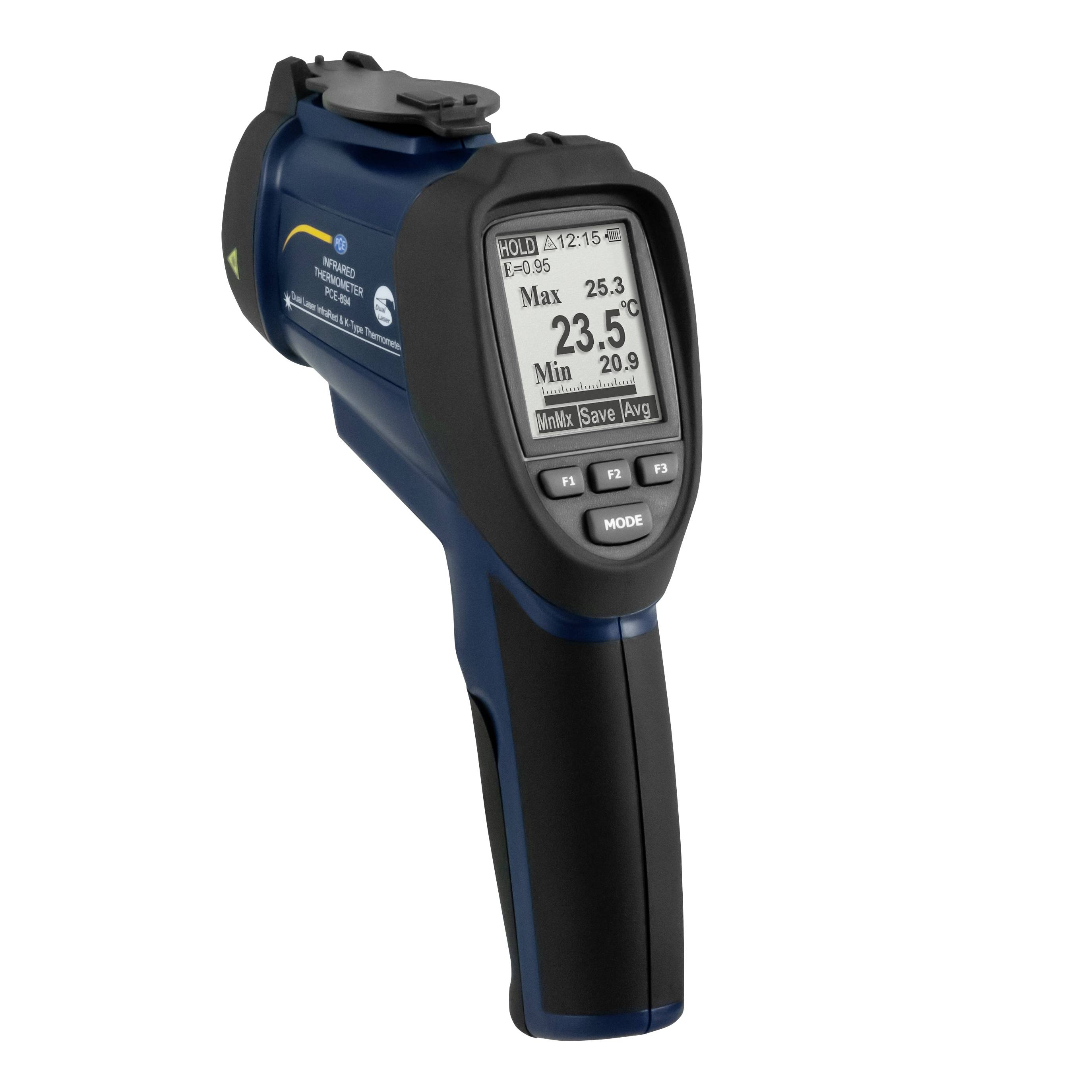 Tragbares Infrarot-Thermometer-Pistole mit digitalem Display zeigt 23,5°C an, max 25,3 und min 20,9.