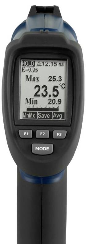 Tragbares Infrarot-Thermometer mit einer Temperaturanzeige von 23,5°C, mit Max. 25,3 und Min. 20,9 auf dem Display.