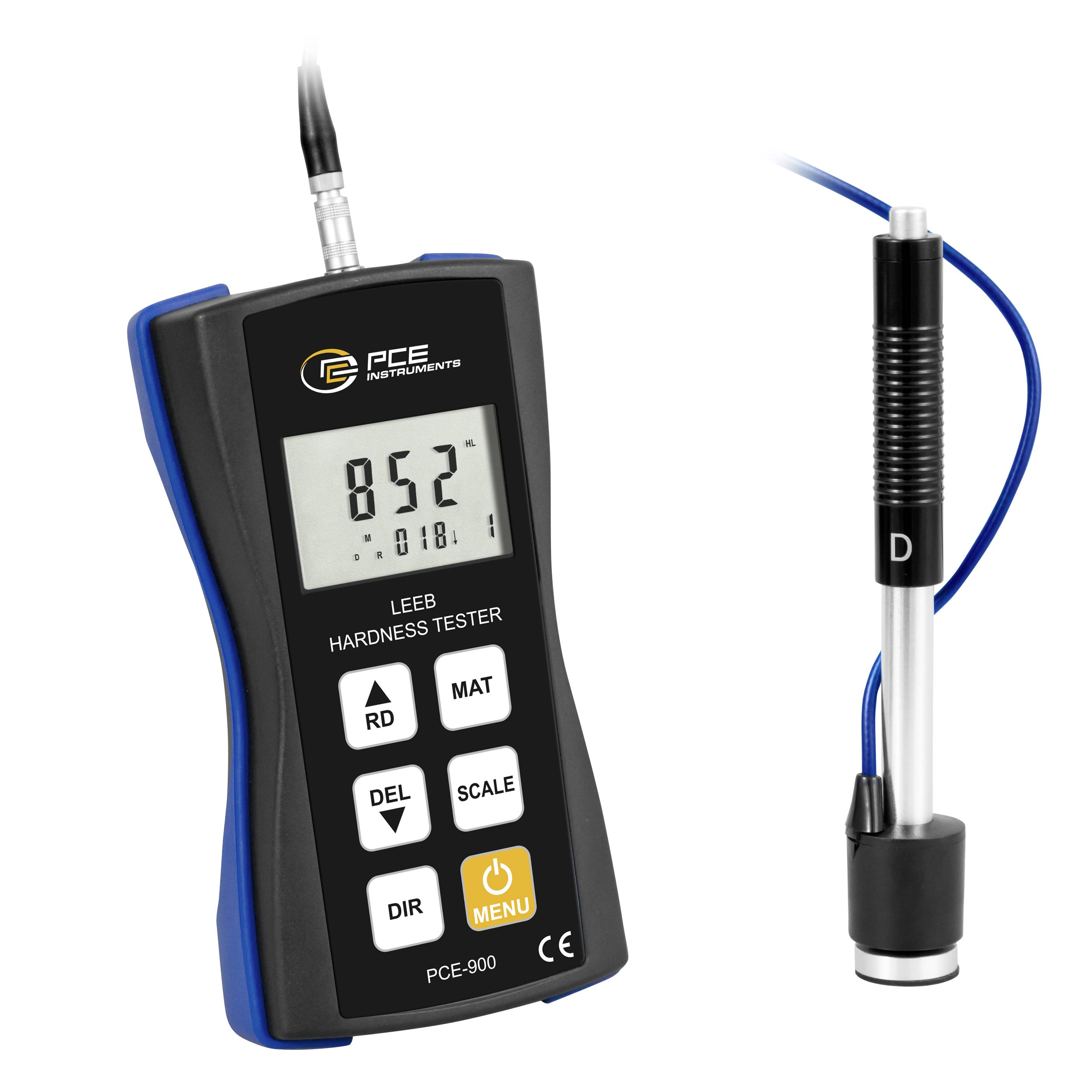 Tragbarer PCE-Härtetester mit digitaler Anzeige und Sonde, zeigt eine Messung von 852 und ist mit Härteteststeuerelementen gekennzeichnet.