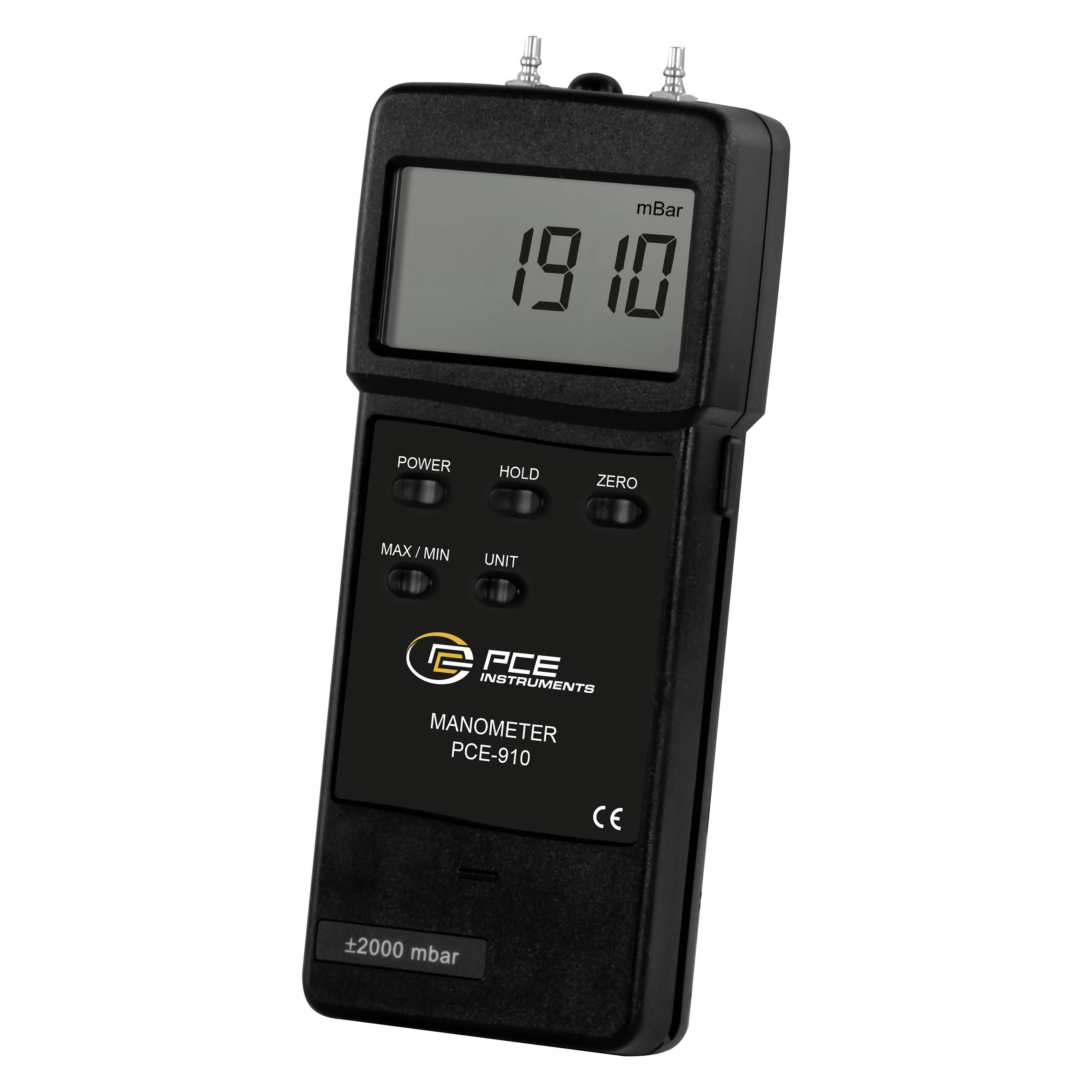 Digitales tragbares Manometer zeigt 1910 mBar an, mit Tasten für Stromversorgung, Halten, Nullstellen, Max/Min und Einheit.