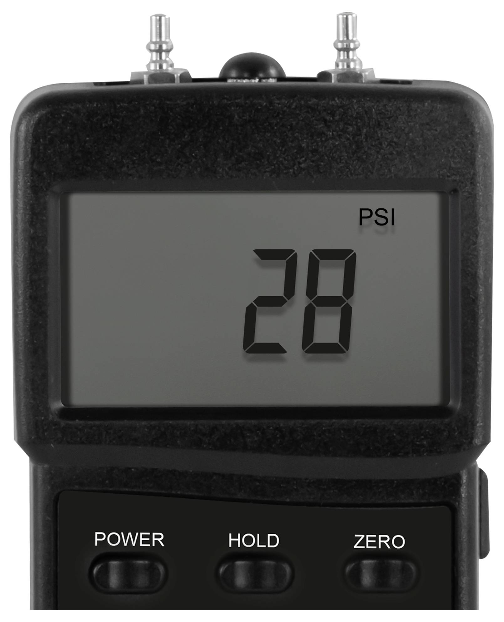 Digitales Druckmanometer mit Anzeige von 28 PSI, darunter befinden sich die Tasten für Stromversorgung, Halten und Nullpunkt.