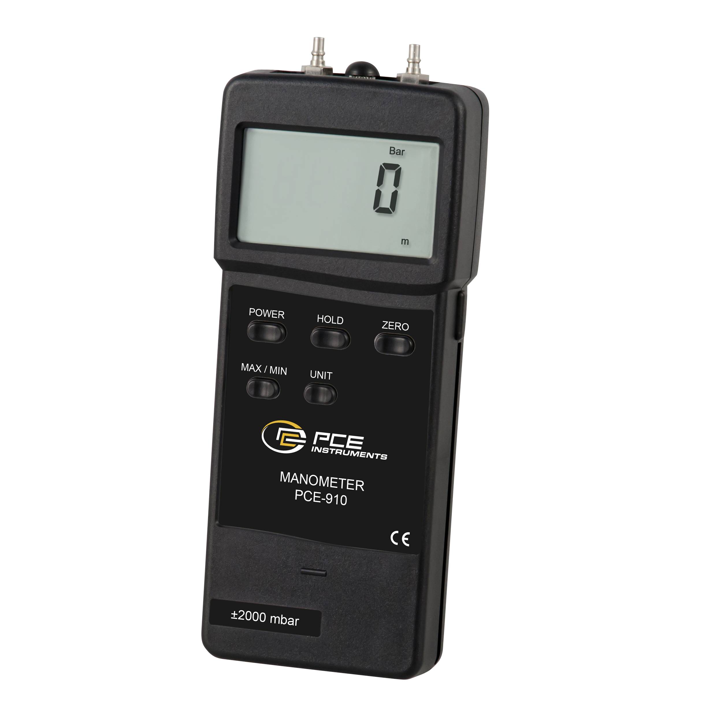 Digitales tragbares Manometer zeigt 0 bar an, mit Tasten für Ein-/Ausschalter, Hold, Zero, Max/Min und Einheit, beschriftet PCE-910.