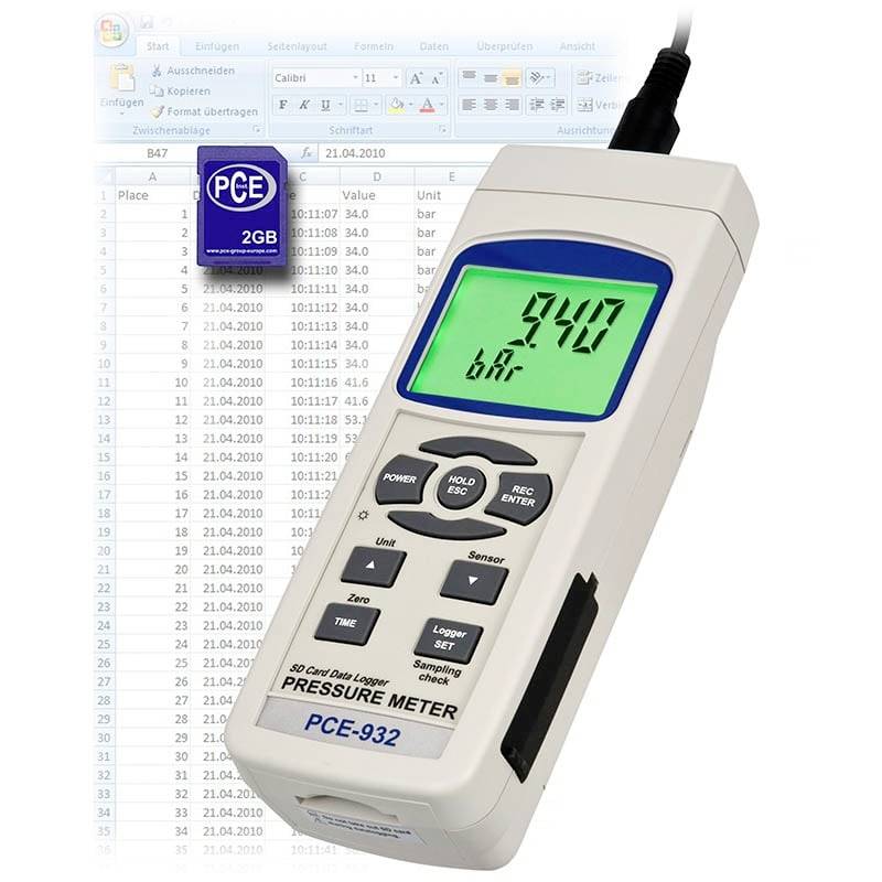 Tragbares Druckmessgerät PCE-932 mit digitaler Anzeige, das 9,40 bar anzeigt, abgebildet vor einem tabellenkalkulationsartigen Datensatzbereich.
