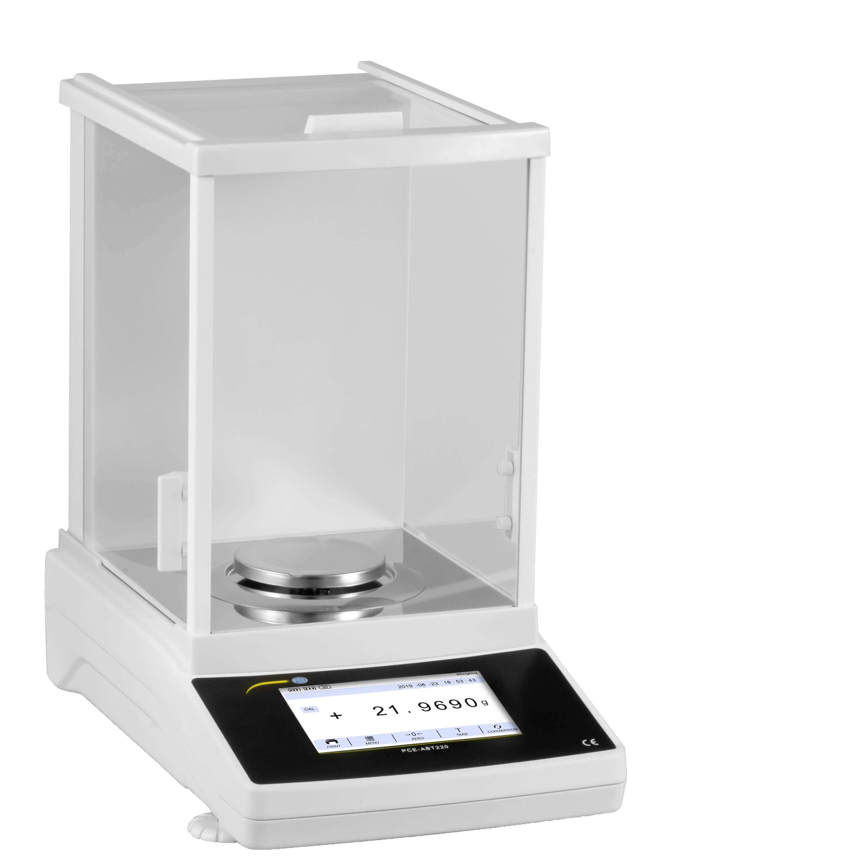 Laboranalytische Waage mit Glaszugschutz und Touchscreen-Display, das eine Gewichtsmessung anzeigt.