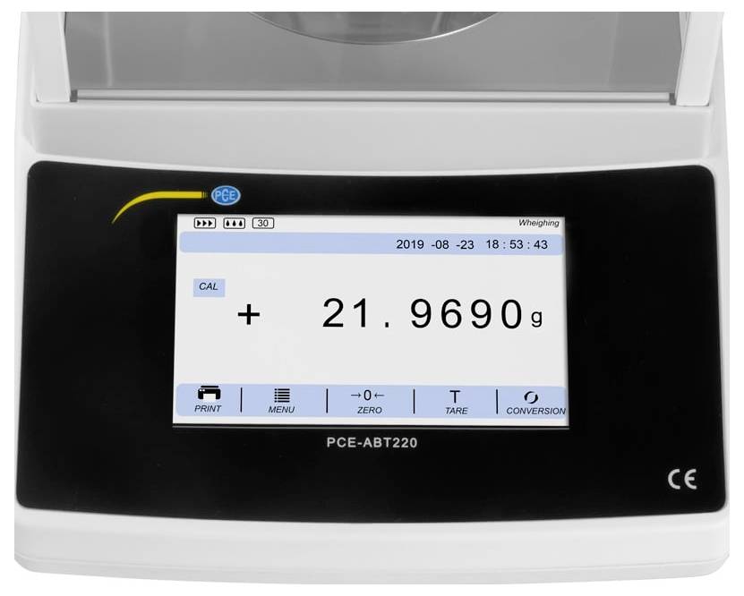 Digitale Laborwaage mit Wiegeergebnis von 21.9690 g angezeigt, mit CAL-Anzeige und Optionen für Druck, Menü, Nullstellen, Tara und Umrechnung.
