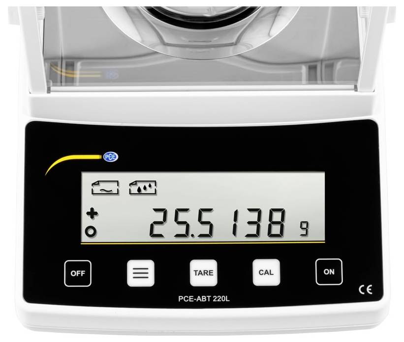 Digitale Präzisionswaage mit Anzeige zeigt ein Gewichtsablesungswert von 25.5138 g mit Tasten für Aus, Menü, Tara, Kalibrierung und Ein.