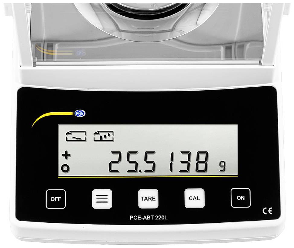 Elektronische Waage zeigt ein Gewicht von 25,5138 Gramm an. Tasten für Ein/Aus, Tara, Kalibrierung und Optionen sichtbar.