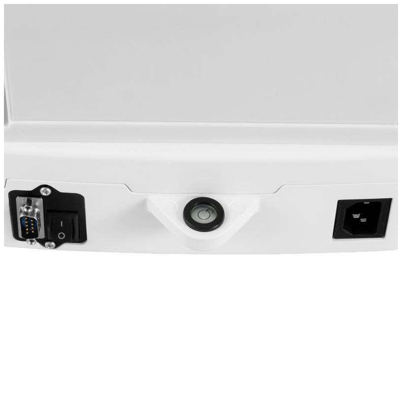 Rückseite eines Geräts mit verschiedenen Anschlüssen: Links ein VGA-Anschluss, in der Mitte eine runde Linse und rechts ein Stromanschluss.