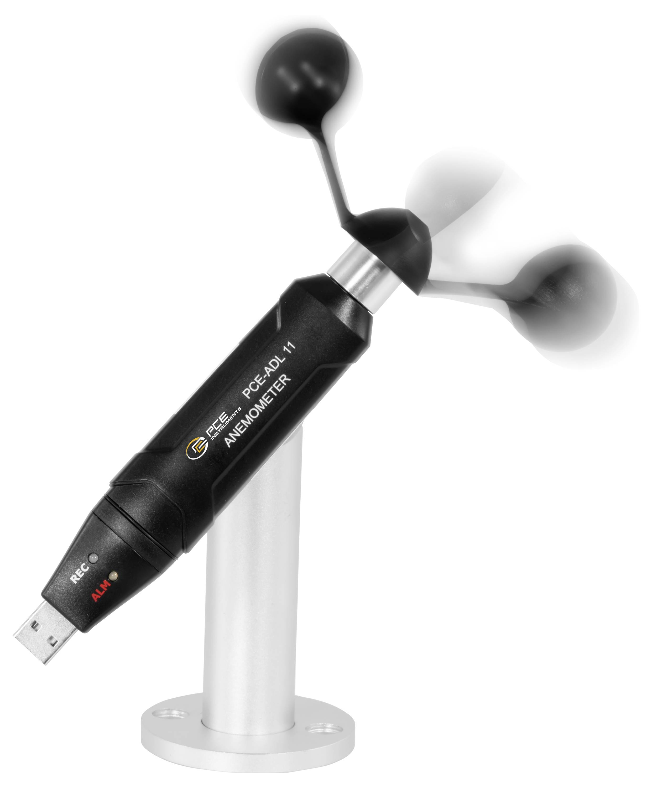 Tragbares Anemometer auf einem Ständer mit drehendem Drei-Becher-Sensor zur Messung der Windgeschwindigkeit.