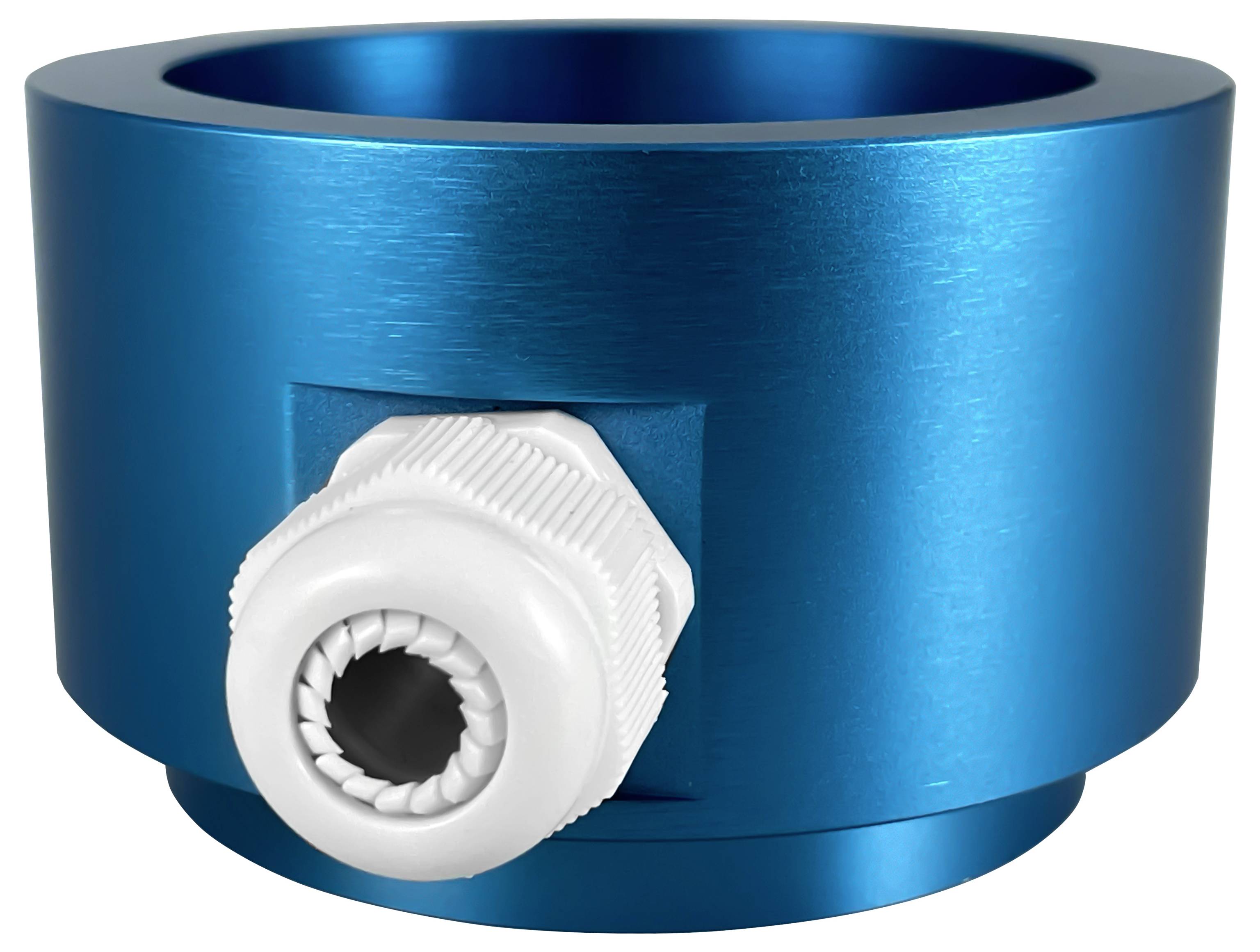 Blaue zylindrische Metallfassung mit einer weißen Kunststoffkabeleinführung, die von der Seite hervorragt.