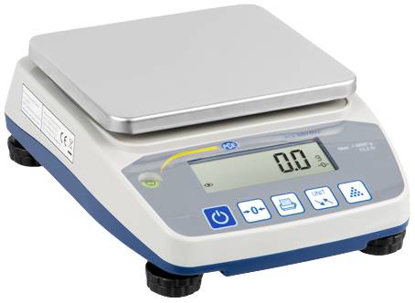 Elektronische Waage mit digitalem Display zeigt '0.0 g'. Enthält Steuerungstasten für Tarierung, Moduswahl und Einheitenwechsel.