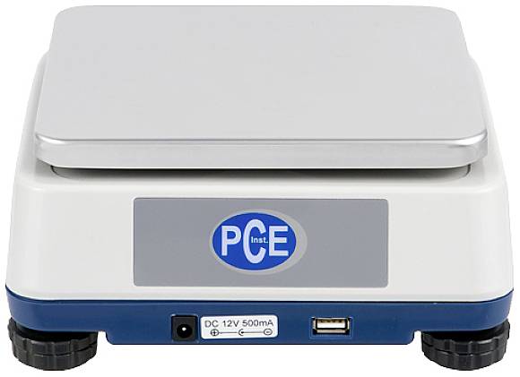 Elektronische Laborwaage mit PCE-Logo, silberner Wiegefläche und USB-Anschluss, zeigt nicht das Gewicht an.