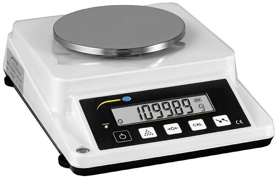 Elektronische Waage mit digitaler Anzeige, zeigt 1099,99 g an. Geeignet für präzise Gewichtsmessungen in Laboren oder Industrie.