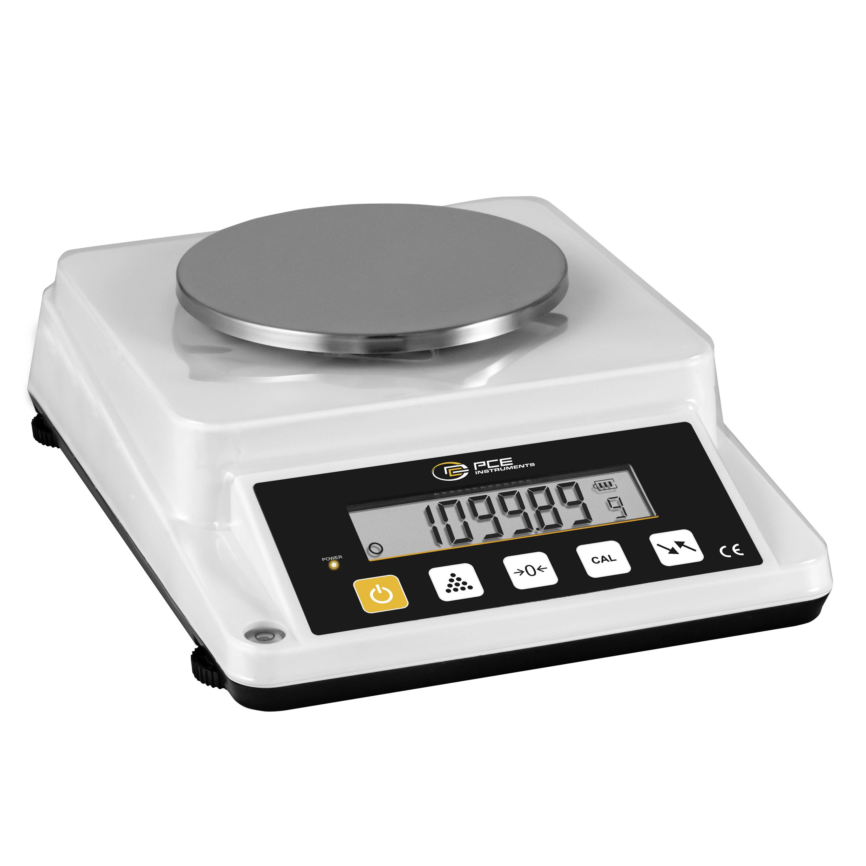 Digitale Laborwaage mit rundem Wägeplattform, LCD-Display und Bedientasten auf weißem Sockel.
