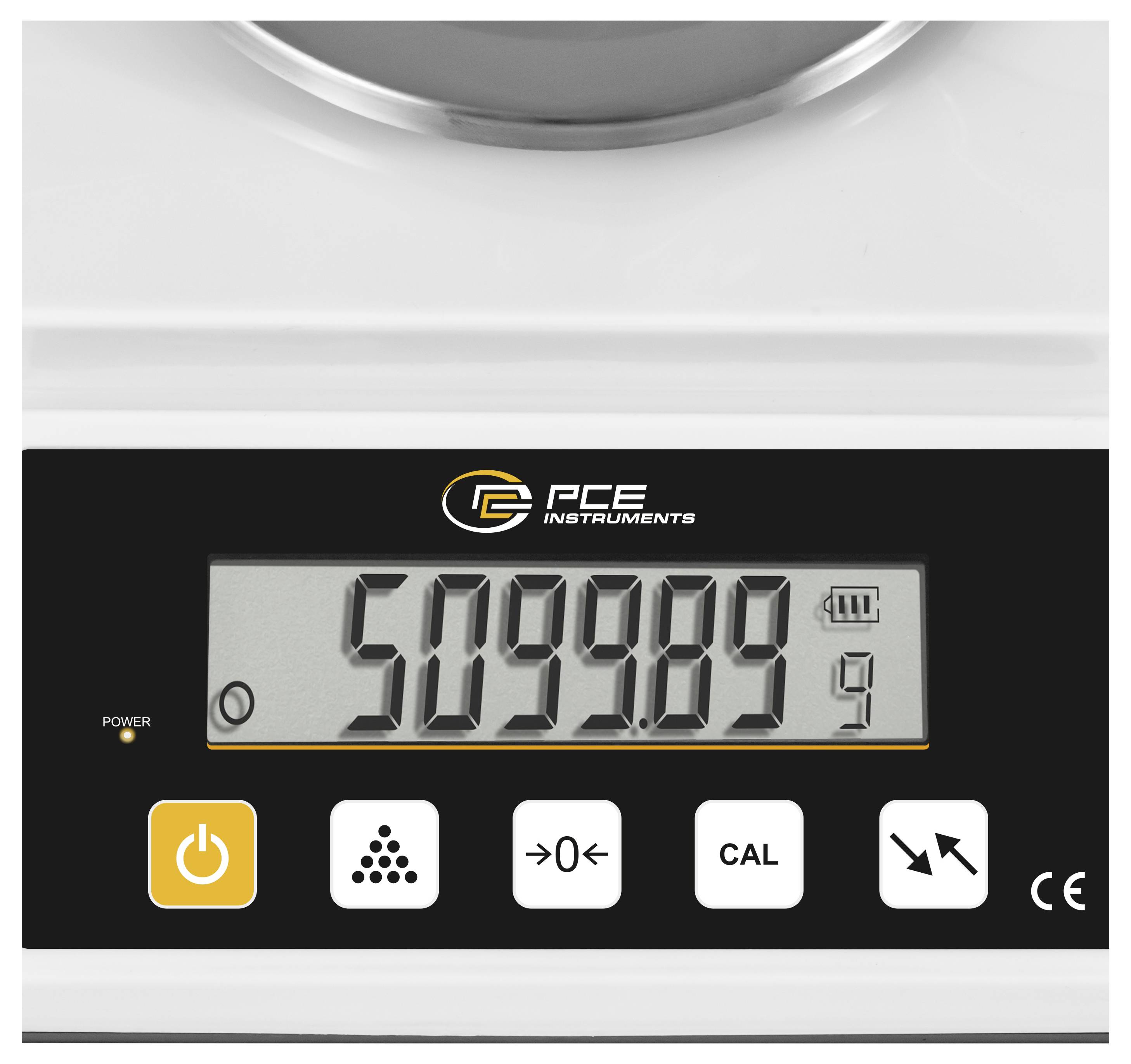 Digitale Skalenafzeige mit 50.989, Batterieanzeige und Ein-/Ausschalter, Nulltaste, CAL- und Funktionstaste auf einem PCE Instruments-Gerät.