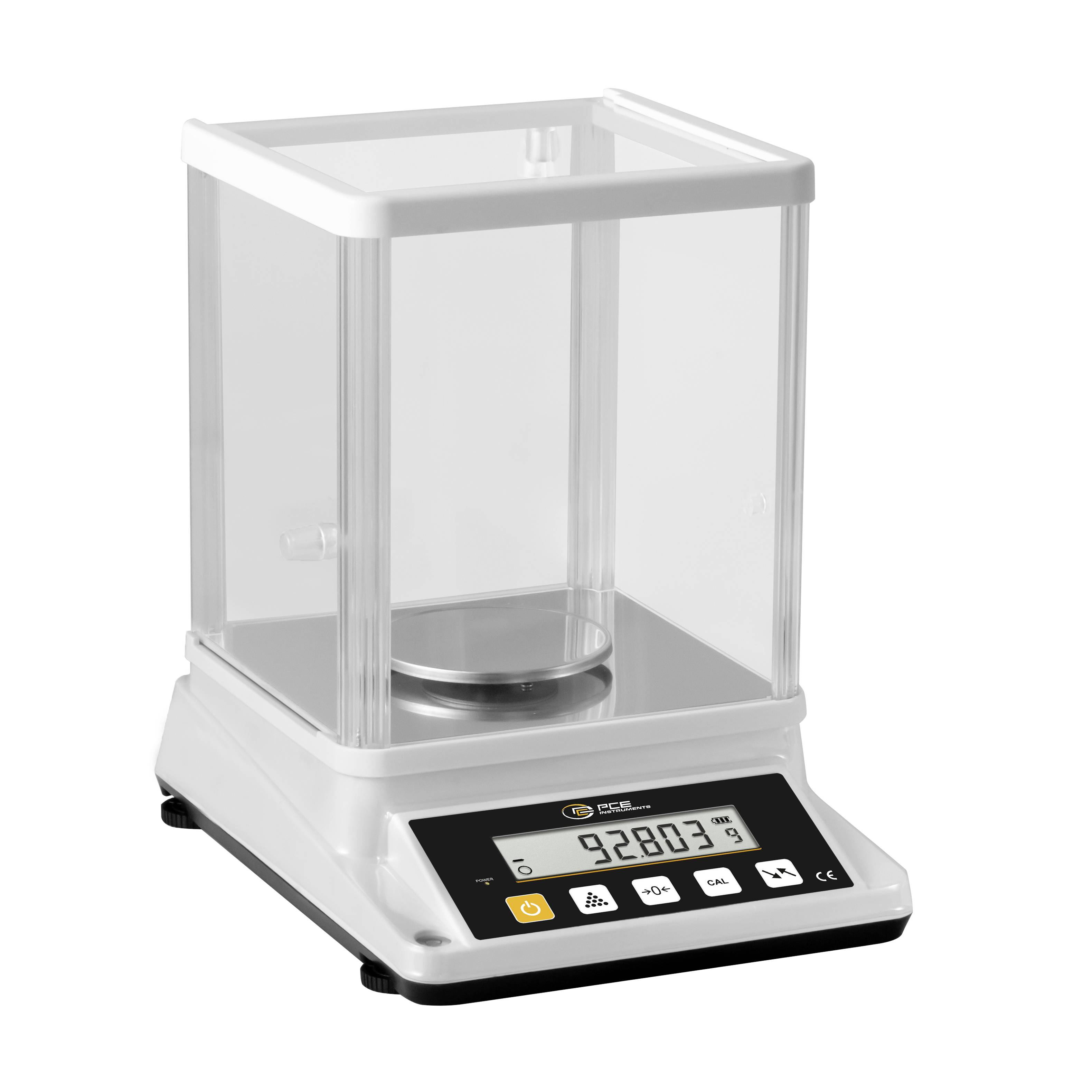 Laboranalytische Waage mit Windschutz und digitaler Anzeige, die 92,803 g anzeigt.