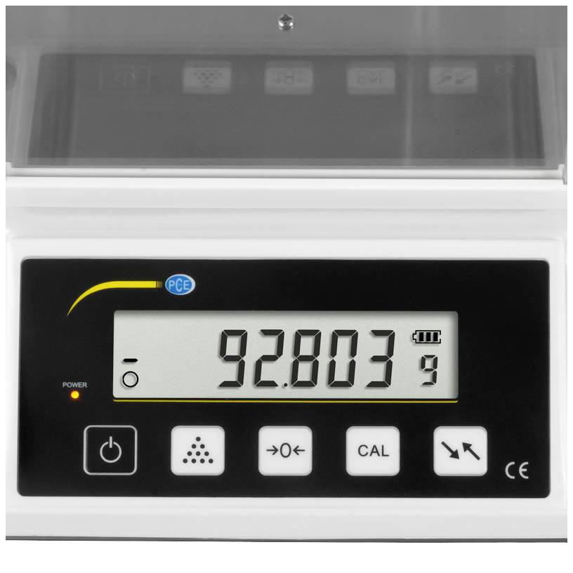 Eine digitale Waage zeigt das Gewicht von 92,803 Gramm an. Die Anzeige enthält Schaltflächen für Ein-/Ausschalten, Kalibrierung und Grundeinstellungen.