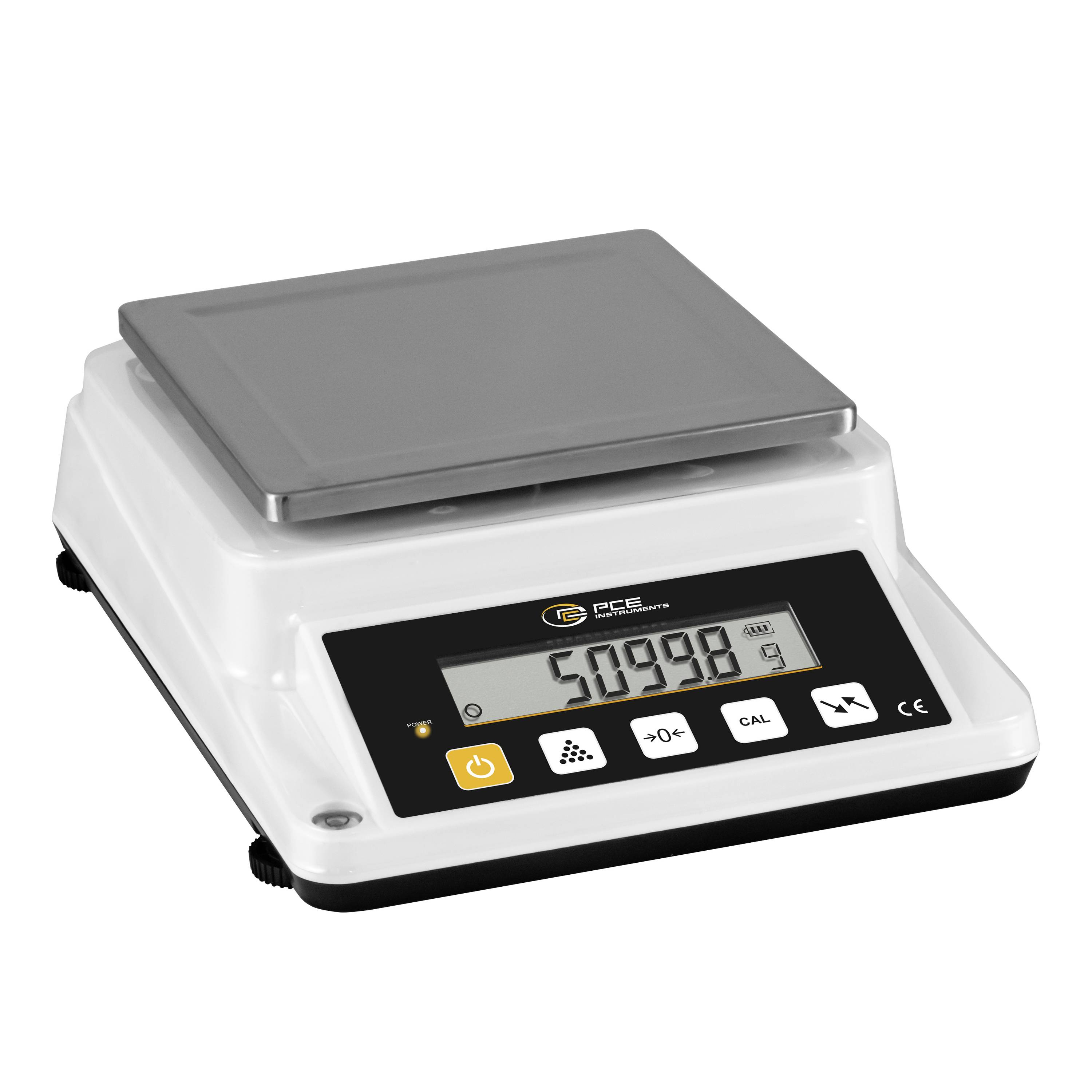 Digitale Laborwaage mit flacher Wiegeplattform und LCD-Display zeigt 509,98 g an, plus Ein-/Ausschalter, Tara- und Kalibrierungstasten.