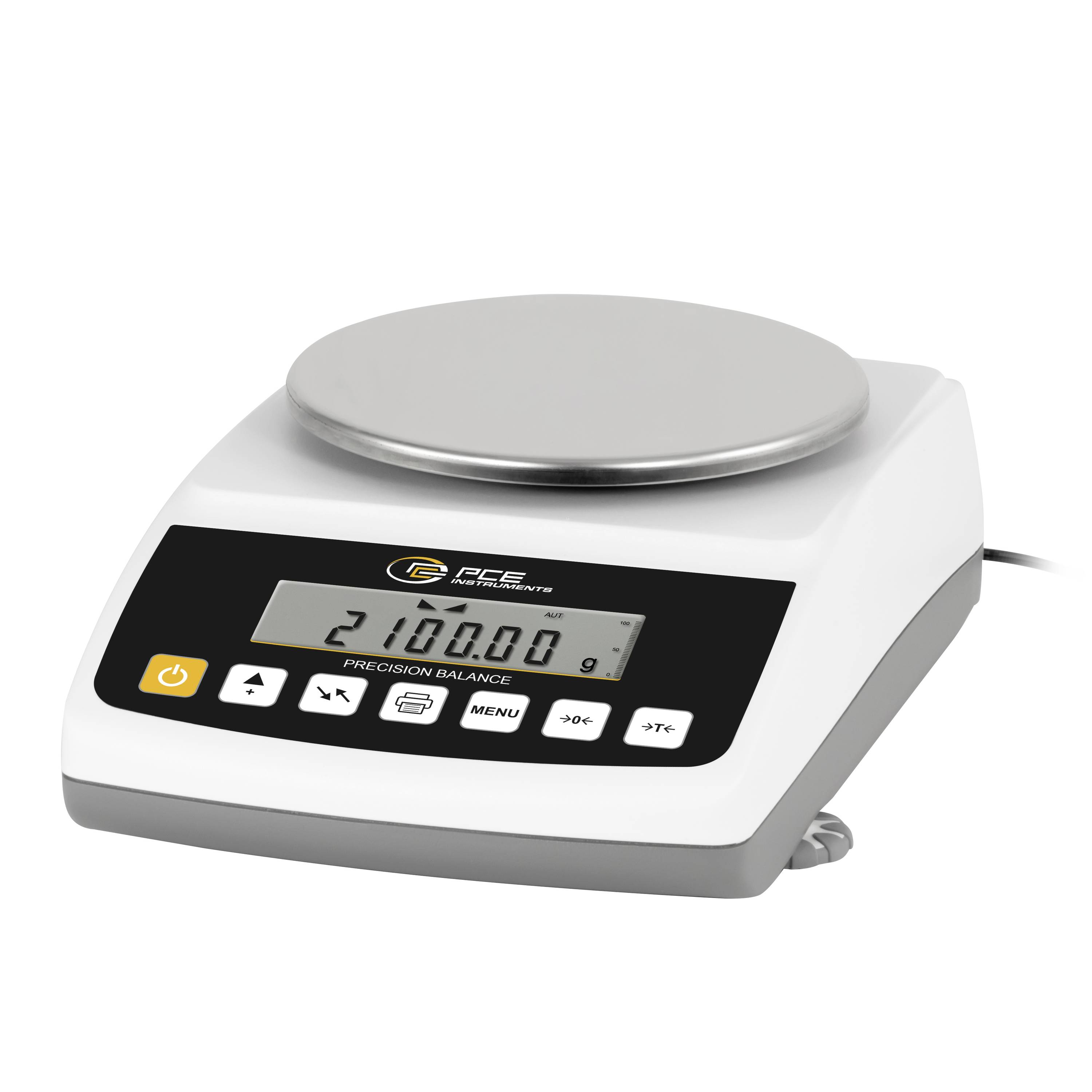Digitale Präzisions-Waage mit Anzeige von 210.000 g, mit Edelstahl-Wiegeplattform und Steuertasten an der Vorderseite.