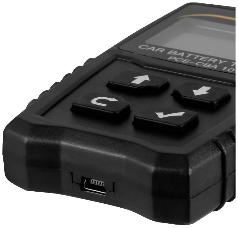 Ein schwarzes, tragbares Gerät mit einem Display und mehreren Tasten zur Steuerung, vermutlich ein Batterie-Tester oder Ladegerät.