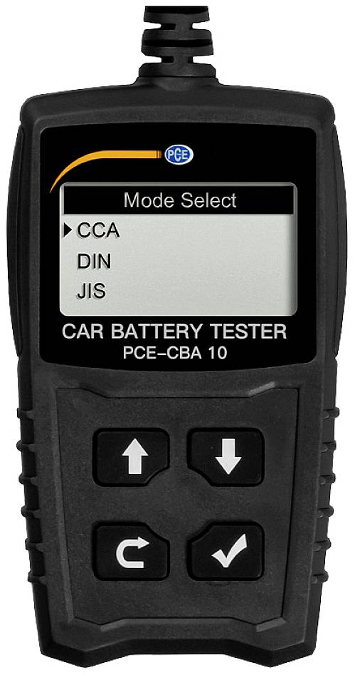 Tragbares Autotester-Gerät mit Display, das 'Mode Select' und Optionen wie 'CCA', 'DIN', 'JIS' zeigt, sowie Richtungstasten darunter.