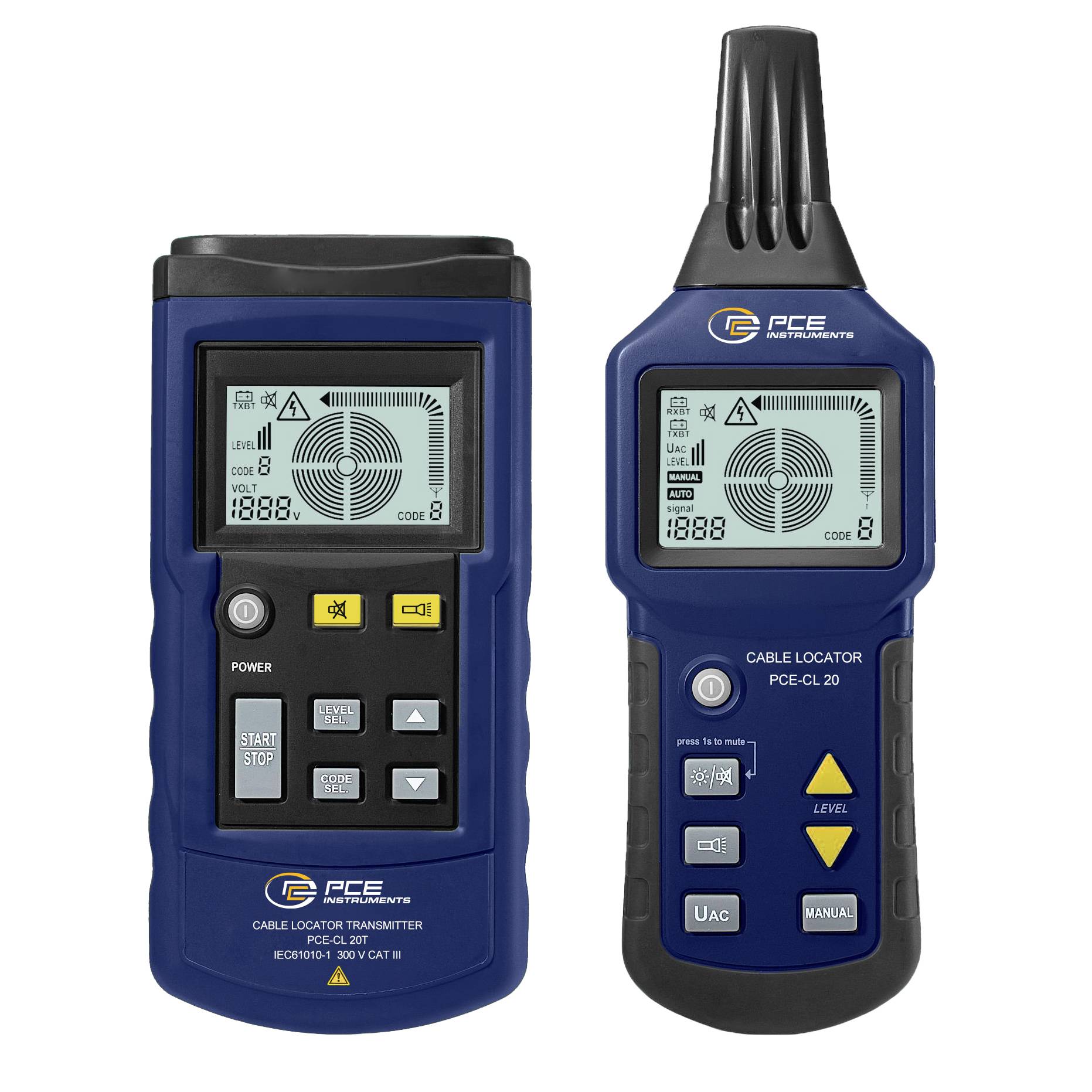 Zwei blaue PCE Instruments Kabelortungsgeräte nebeneinander dargestellt, ein Sender auf der linken Seite und ein Ortungsempfänger auf der rechten Seite mit LCD-Bildschirmen und Steuertasten.