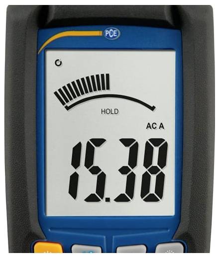Tragbares Zangenmessgerät-Display zeigt AC-Stromablesung 15.38 mit aktivem HOLD-Modus und Balkendiagramm-Anzeige.